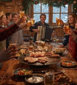 Весели сръбски туристи вдигат наздравица с ракия в механа в Банско