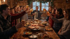 Cheerful Serbian tourists toast with brandy in a tavern in Bansko
