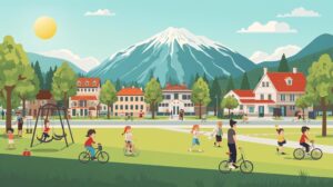 Дете кара колело или играе в парк в Банско, заобиколено от други деца, с гледка към Пирин и традиционните къщи, символизирайки свободата, безопасността и активния детски живот в планинския град.