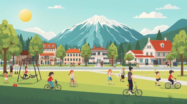 A child rides a bike or plays in a park in Bansko, surrounded by other children, with a view of Pirin Mountain and traditional houses, symbolizing freedom, safety, and active children's life in the mountain town.