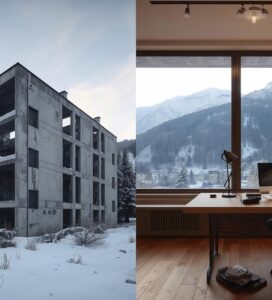 Сравнение между незавършен строеж (скелет) и модерен апартамент за дигитални номади в Банско на фона на Пирин планина.
