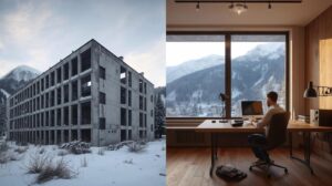 Comparison between an unfinished building (skeleton) and a modern apartment for digital nomads in Bansko against the backdrop of the Pirin Mountains.