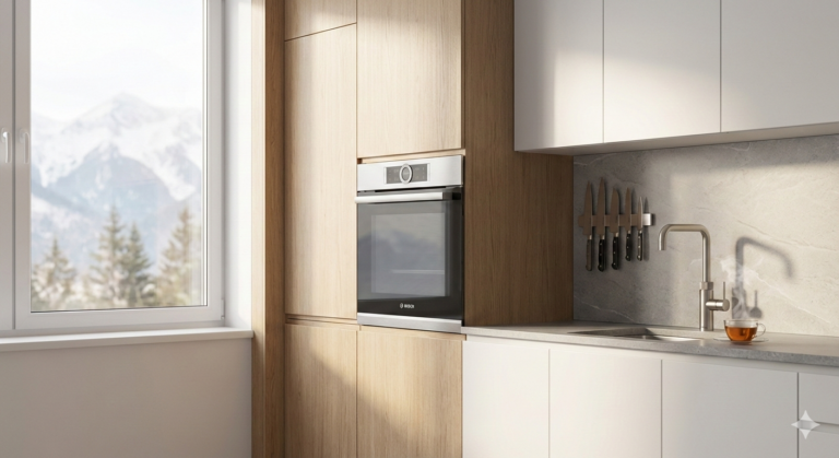 Interior of a small modern kitchen in an apartment in Bansko with light cabinets and built-in appliances