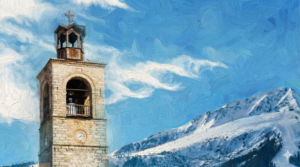 Holy Trinity Church in Bansko with the clock tower and Pirin Mountain in the background