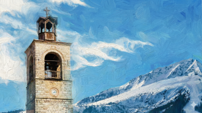 Holy Trinity Church in Bansko with the clock tower and Pirin Mountain in the background