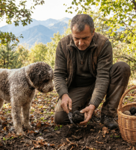 Ловец на трюфели, коленичил в есенна гора с кучето си, държи току-що изваден черен трюфел. До него има пълна кошница с гъби, а на заден план се вижда Пирин планина.