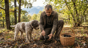 A truffle hunter kneels in an autumn forest with his dog, holding a freshly picked black truffle. Next to him is a basket full of mushrooms, with the Pirin Mountains visible in the background.