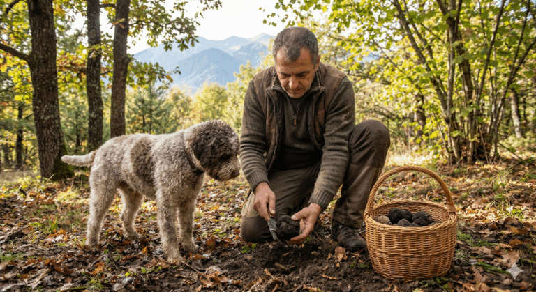 A truffle hunter kneels in an autumn forest with his dog, holding a freshly picked black truffle. Next to him is a basket full of mushrooms, with the Pirin Mountains visible in the background.