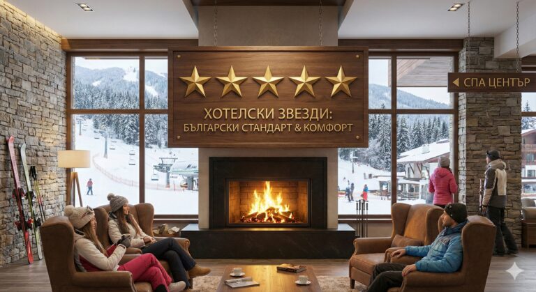 Интерьер лобби роскошного горного отеля с камином и большой деревянной вывеской с пятью золотыми звездами и надписью „HOTEL STARS: BOLGARIAN STANDARD & COMFORT“. Гости в горнолыжной экипировке отдыхают перед панорамным окном с видом на заснеженные склоны и подъемник, а указатель ведет к SPA-центру.