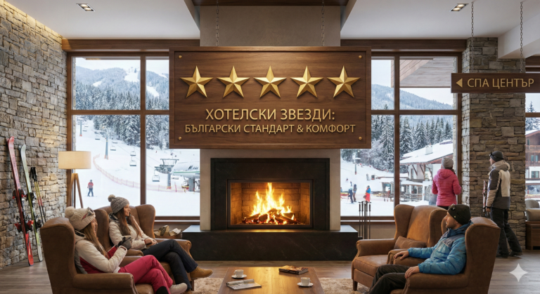 Interior of a luxury mountain hotel lobby with a fireplace and a large wooden sign with five gold stars and the inscription "HOTEL STARS: BULGARIAN STANDARD & COMFORT". Guests in ski gear rest in front of a panoramic window with a view of snowy slopes and a lift, and a sign points to a SPA center.