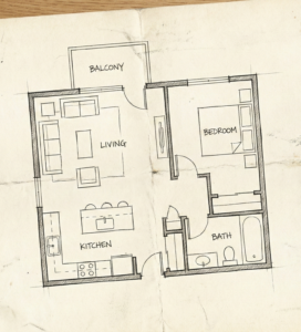 Скица на архитектурен план на типичен двустаен апартамент в Банско (66 кв.м), показващ разпределение на дневна с кухненски бокс, спалня, баня и тераса.