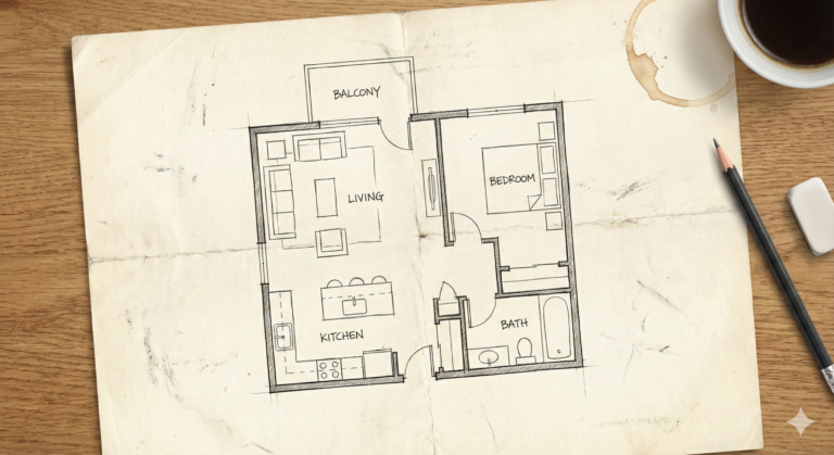 Sketch of an architectural plan of a typical one-bedroom apartment in Bansko (66 sq m), showing the layout of a living room with kitchenette, bedroom, bathroom and terrace.