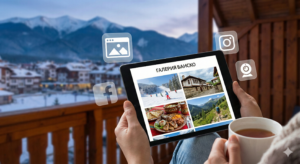 A man browses an online photo gallery about Bansko on a tablet, sitting on a wooden balcony with a view of the snow-capped Pirin Mountains and social media icons.