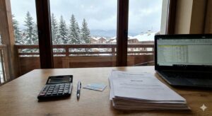 Работно бюро до прозорец с изглед към заснежени борове и планини; на масата има лаптоп с отворена Excel таблица, калкулатор, химикал, карта и купчина документи.