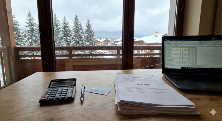 Работно бюро до прозорец с изглед към заснежени борове и планини; на масата има лаптоп с отворена Excel таблица, калкулатор, химикал, карта и купчина документи.