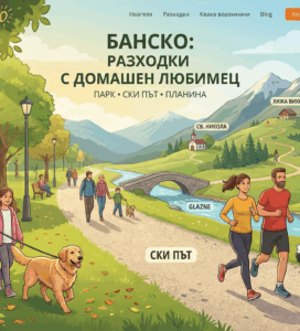 Илюстрация за уебсайт, показваща маршрути за разходка с куче в Банско: семейство в градския парк, бегачи с кучета по ски пътя край река Глазне и туристи в Пирин планина до хижа Вихрен и езерото Окото.