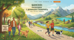 Illustration for a website showing dog walking routes in Bansko: a family in the city park, dog runners on the ski trail by the Glazne River, and tourists in the Pirin Mountains near Vihren Hut and Lake Okoto.