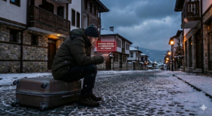 A man with a suitcase on a street in Bansko, who encountered traps when booking online.