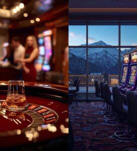 Сравнение между казино на живо с рулетка и слот машини в Банско на фона на Пирин.