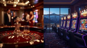Comparison between a live casino with roulette and slot machines in Bansko against the backdrop of Pirin Mountain.