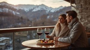 Luxurious dinner with wine on a terrace overlooking the Pirin Mountain in Bansko