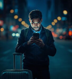 Пътешественик с куфар проверява внимателно резервация на телефон през нощта – илюстрация за сигурност при онлайн букинг