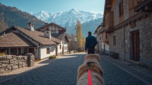 A farmer walks a dog in the old town of Bansko with the Pirin Mountains in the background.