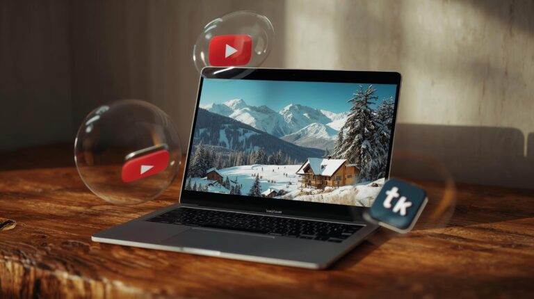 A laptop on a wooden table showing a video of a winter landscape and a mountain hut, surrounded by flying YouTube and TikTok icons.