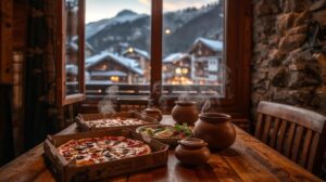 Food delivery in Bansko - pizza and traditional dishes served at a table in a wooden apartment with a view of the snow-capped mountain.