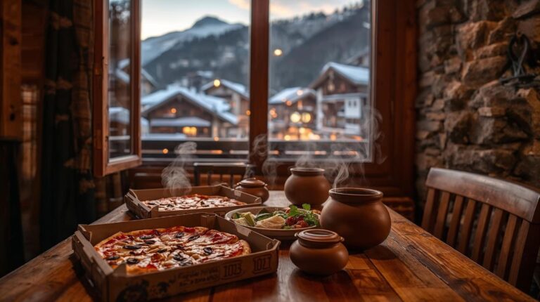 Food delivery in Bansko - pizza and traditional dishes served at a table in a wooden apartment with a view of the snow-capped mountain.