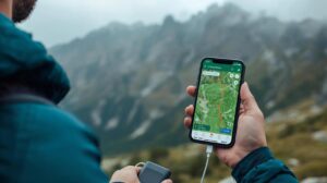 Hiker uses the AllTrails or Mapy.cz app on a phone with a topographic map on a foggy day in Pirin.