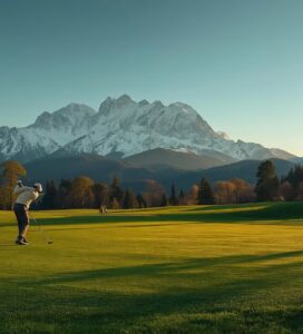 Голф играч на игрище Ian Woosnam в Пирин Голф Банско на фона на планината