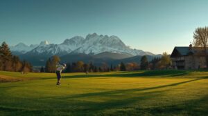 Golfer on the Ian Woosnam course at Pirin Golf Bansko with the mountain in the background