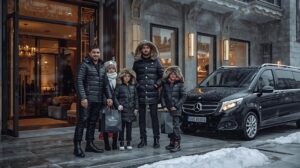 Turkish family with luxury ski equipment and shopping in Bansko