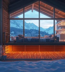 Схема на термопомпа въздух-вода сплит система в къща в Банско с подово отопление и външно тяло в снега.