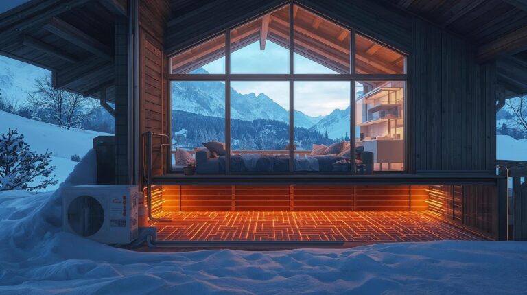 Diagram of an air-to-water split system heat pump in a house in Bansko with underfloor heating and an outdoor unit in the snow.