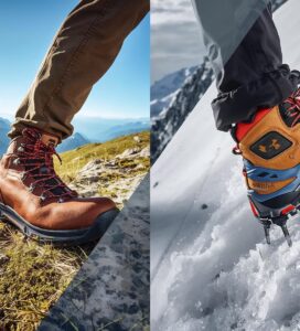 Сравнение между лятна туристическа обувка на скали и зимна алпийска обувка с котки на сняг.