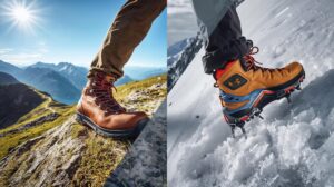 Comparison between a summer hiking boot on rocks and a winter alpine boot with crampons on snow.
