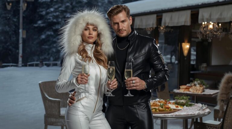 Russian tourists with champagne and furs on the ski slope in Bansko