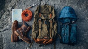 A collection of mountain equipment – hiking boots, a backpack, a jacket and climbing equipment, arranged on a rocky surface.