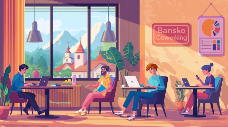 Young digital nomad working on a laptop in a modern coworking space, surrounded by other workers, coffee, mountain views of Pirin in the background