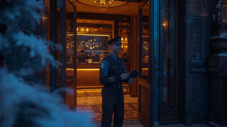 Entrance to a casino in Bansko with document check and currency exchange counter