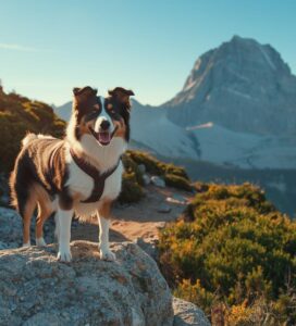 Куче Бордър коли на планинска пътека в Национален парк Пирин на фона на връх Вихрен.