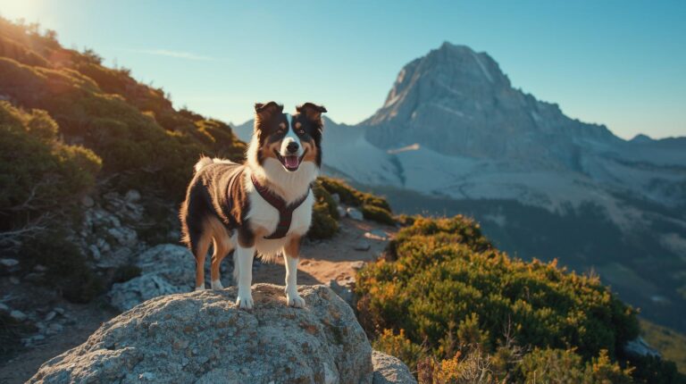 A Border Collie dog on a mountain trail in Pirin National Park with Vihren Peak in the background.