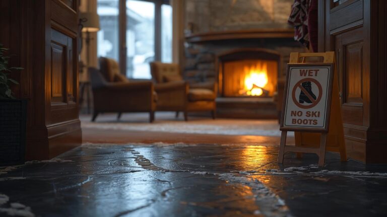 A sign prohibiting entry with ski boots in the lobby of a hotel in Bansko.