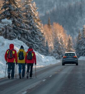 Туристи вървят в индийска нишка от лявата страна на пътя в Банско срещу движението.