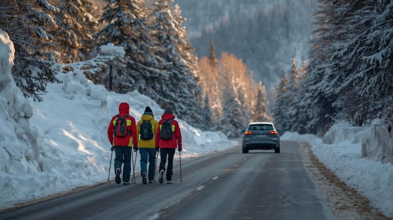 Tourists walk in a single file on the left side of the road in Bansko, facing traffic.