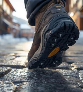 Зимни обувки за лед и сняг с дълбок грайфер върху заледена улица в Банско.