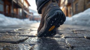 Winter shoes for ice and snow with deep grip on an icy street in Bansko.