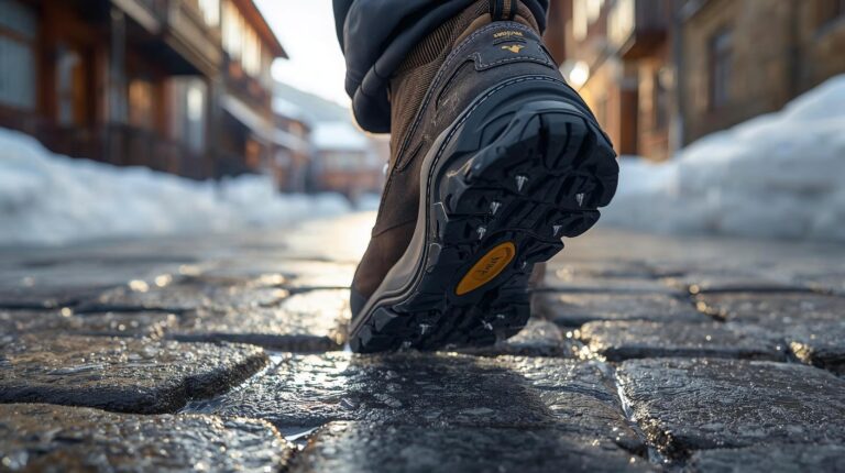 Winter shoes for ice and snow with deep grip on an icy street in Bansko.